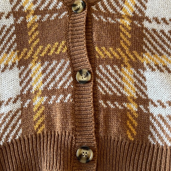 Mustard yellow and brown checkered cardigan. - Picture 3 of 4